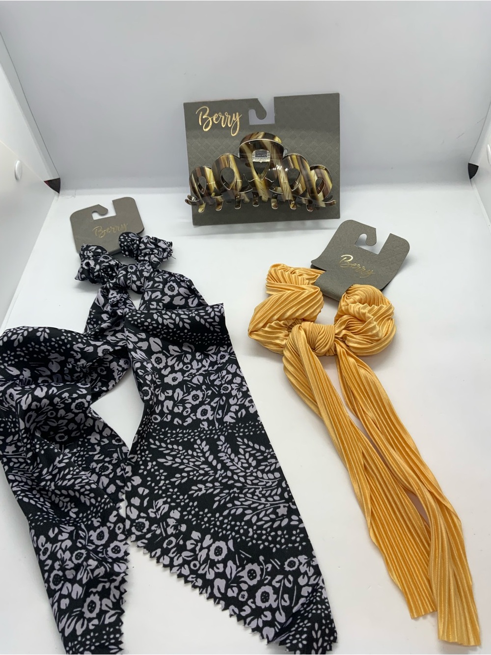 Hair Accessory Set — Black & White Floral Scarf + Mustard Yellow Scrunchie.